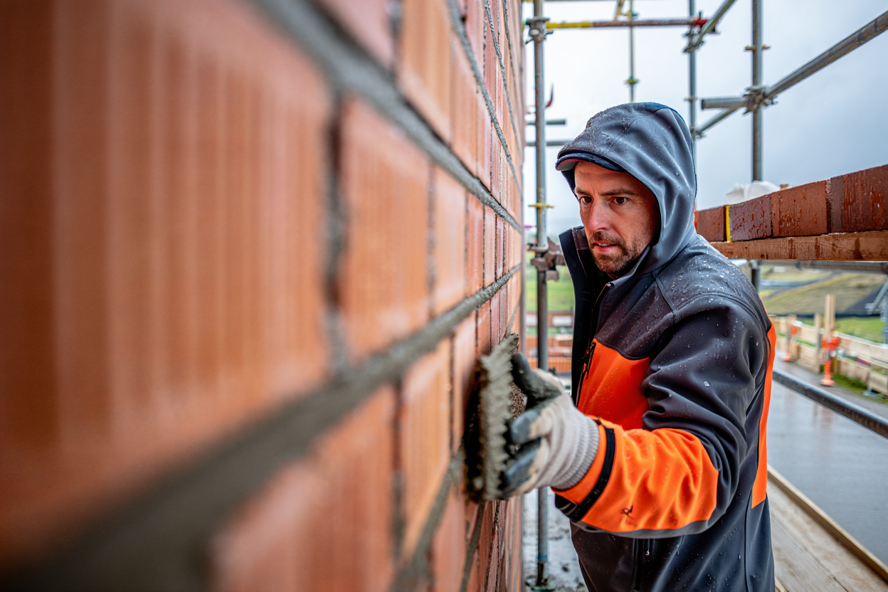 Maçon veste softshell sous la pluie