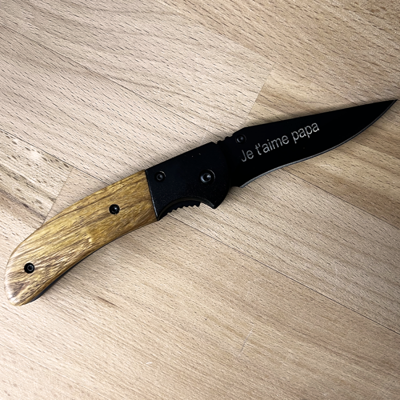 Canif cran d'arrêt noir gravé - Cadeau original - Envoi 24H