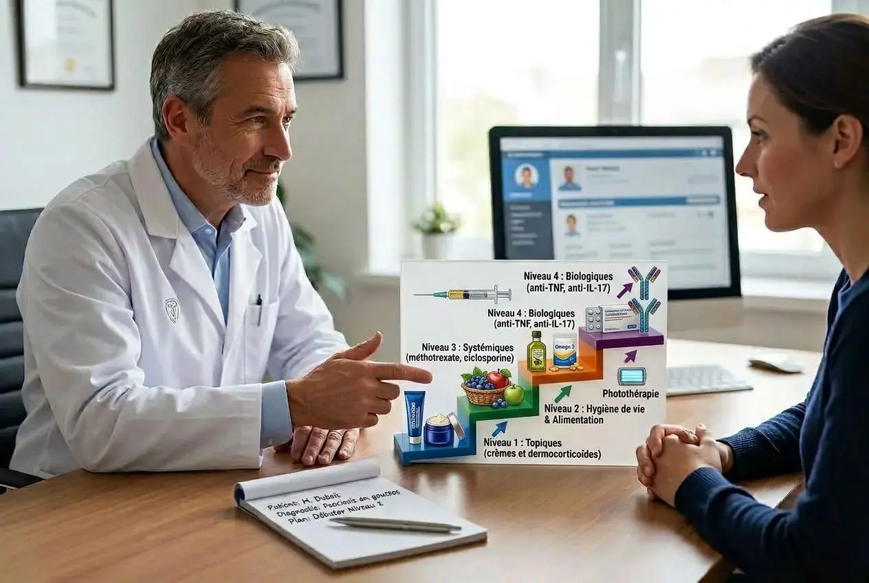 Médecin consultant et patiente discutant d’un schéma nutritionnel pour psoriasis, axé sur les niveaux et aliments à éviter dans l’alimentation. psorias alimentation à éviter