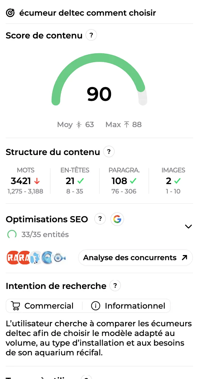 Panneau de score avec la jauge à 90, la structure du contenu, les optimisations SEO et l’intention de recherche détectée
