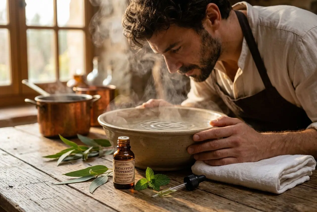 Homme penché sur une mangeoire en pierre fumante, huile essentielle au ravintsara et feuilles autour, préparation naturelle pour migraine et sinusite.