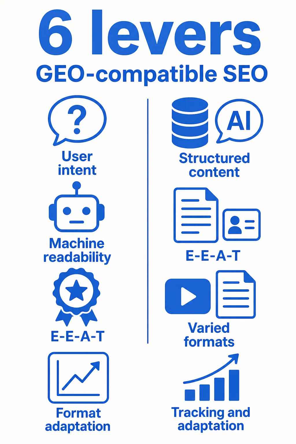 The 6 levers of a GEO-compatible SEO strategy: user intent, structured content, machine readability, E-E-A-T, varied formats, tracking