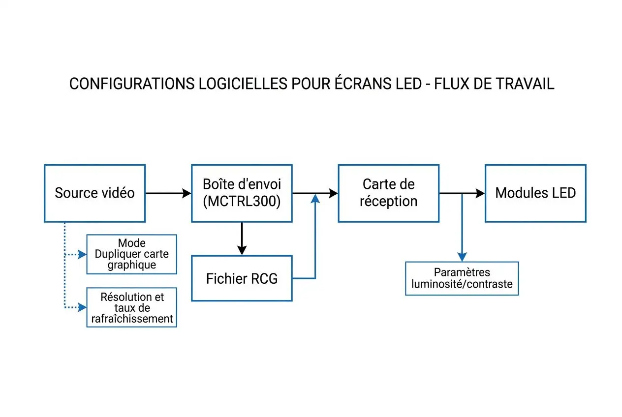 Schéma de configurations logicielles pour écrans LED montrant source vidéo, boîte d’envoi, fichier RCG, carte de réception et modules LED, avec paramètres luminosité/contraste. Integrate keyword: "comment programmer un écran led" naturally.